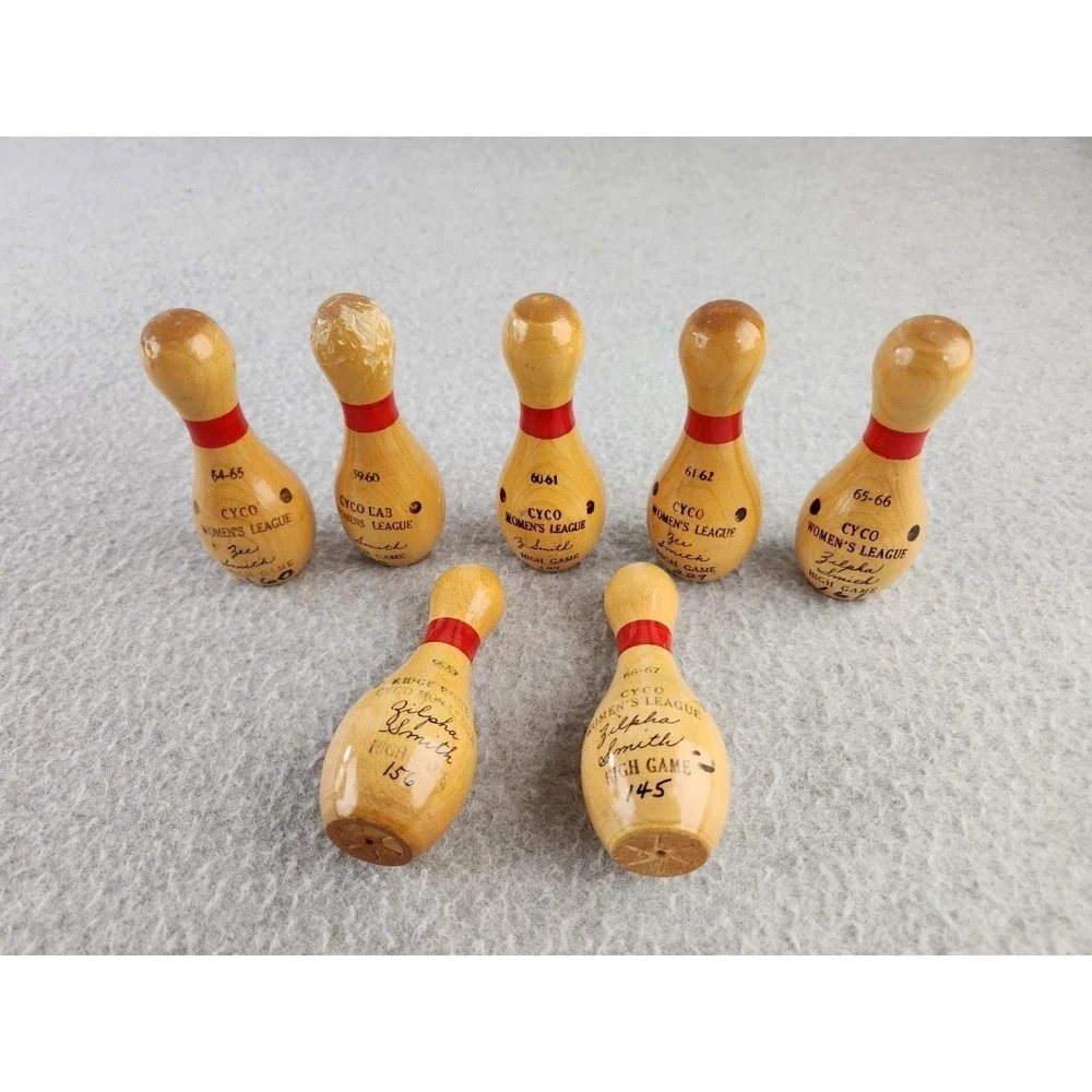 Vintage Miniature Wood lacquered 4 inch bowling pin Trophy League 1960s Pins Lot